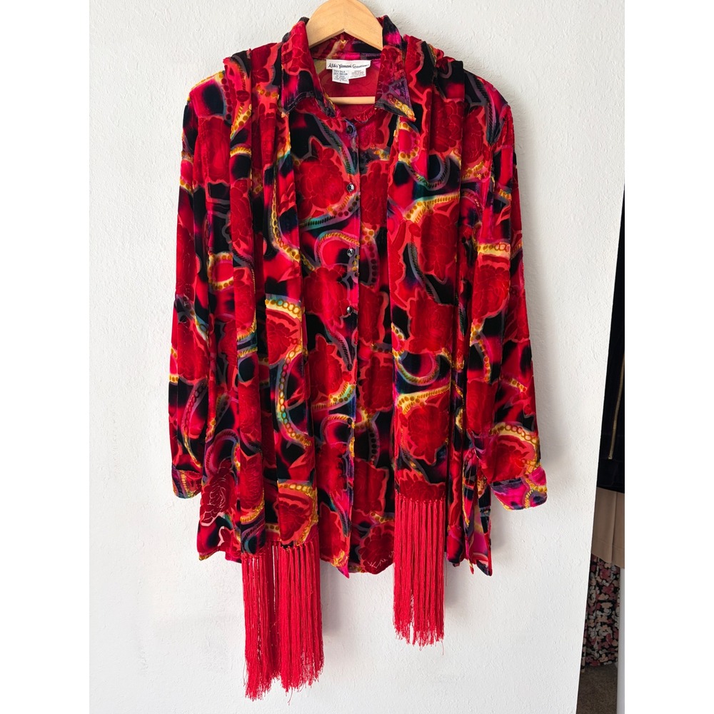 Aliki Yamani Women Silk Velvet Burnout Floral Shirt Scarf Set Large Red Vintage